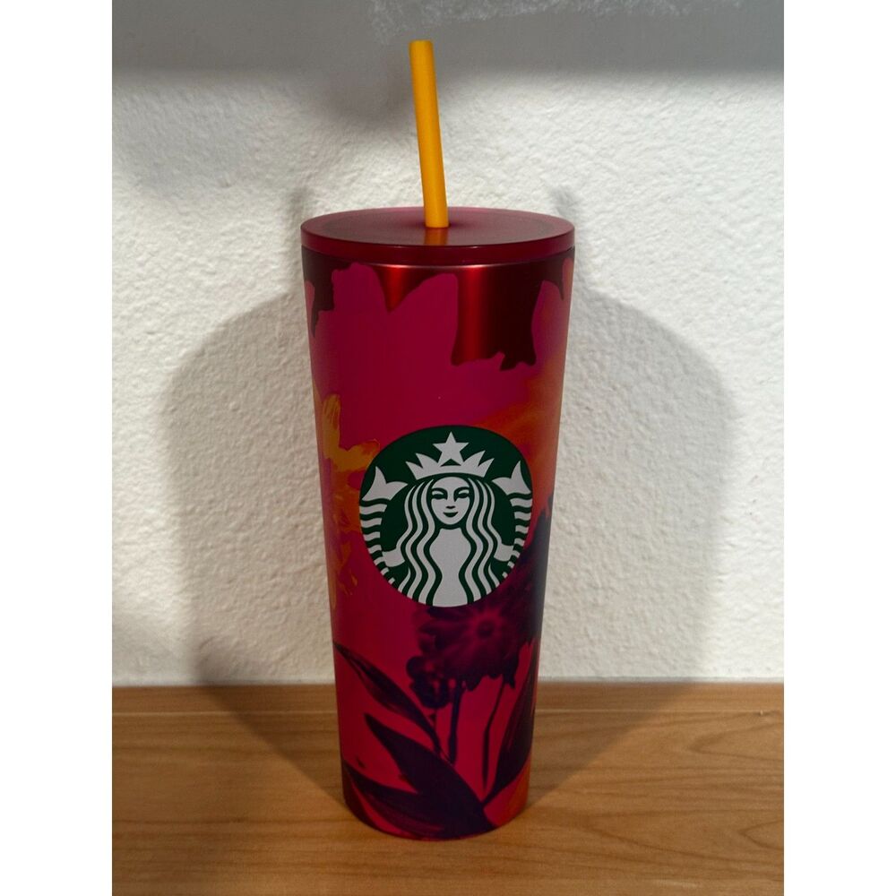 Starbucks 2022 Summer Pink and Blue Floral Stainless Steel Tumbler 24 Oz.